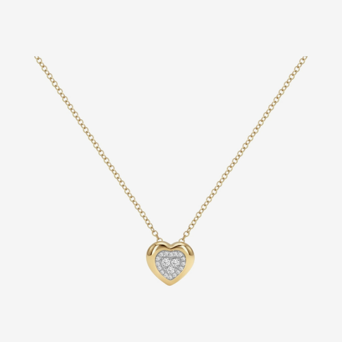 Framed Pavé Diamond Pendant Necklace in 18K Yellow Gold, Heart, gray background | JJ Jewelry Miami