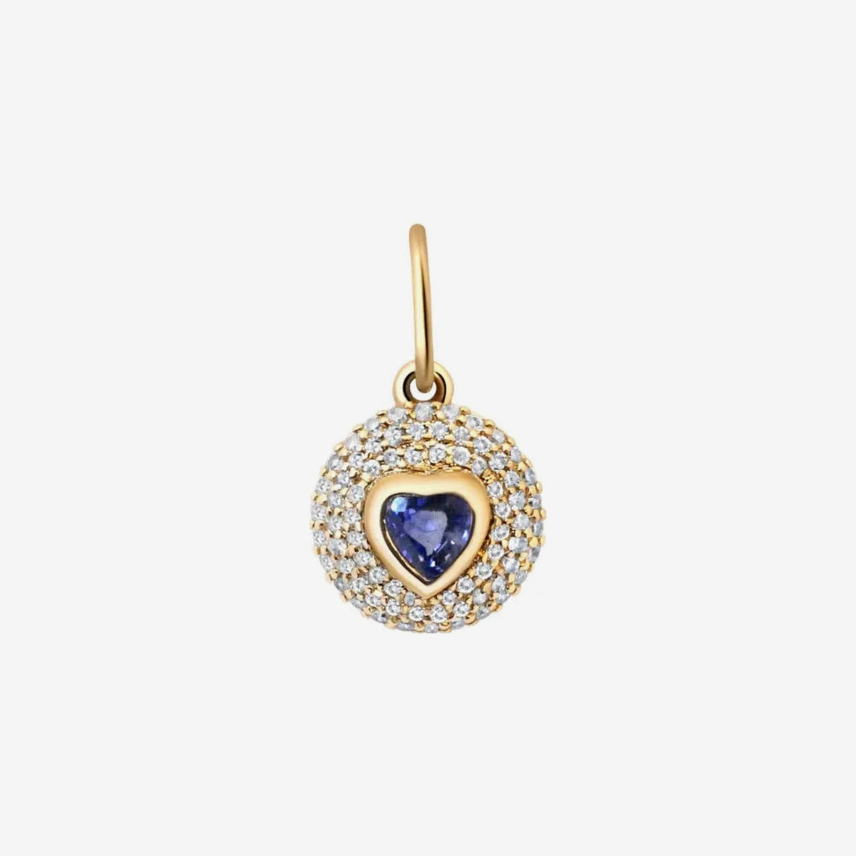 Gemstone Heart Pavé Disc Pendant in 14K Yellow Gold, Blue Sapphire, gray background | JJ Jewelry Miami