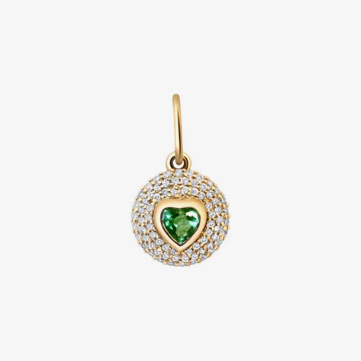 Gemstone Heart Pavé Disc Pendant in 14K Yellow Gold, Emerald, gray background | JJ Jewelry Miami