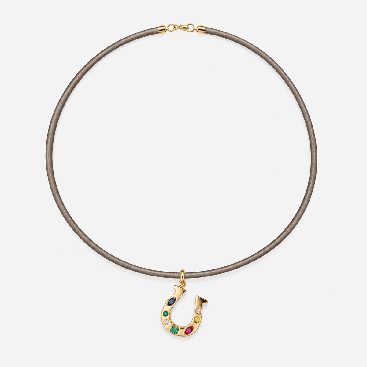 Gemstone Horseshoe Charm Pendant in 14K Yellow Gold styled on a cord necklace, view 3 | JJ Jewelry Miami