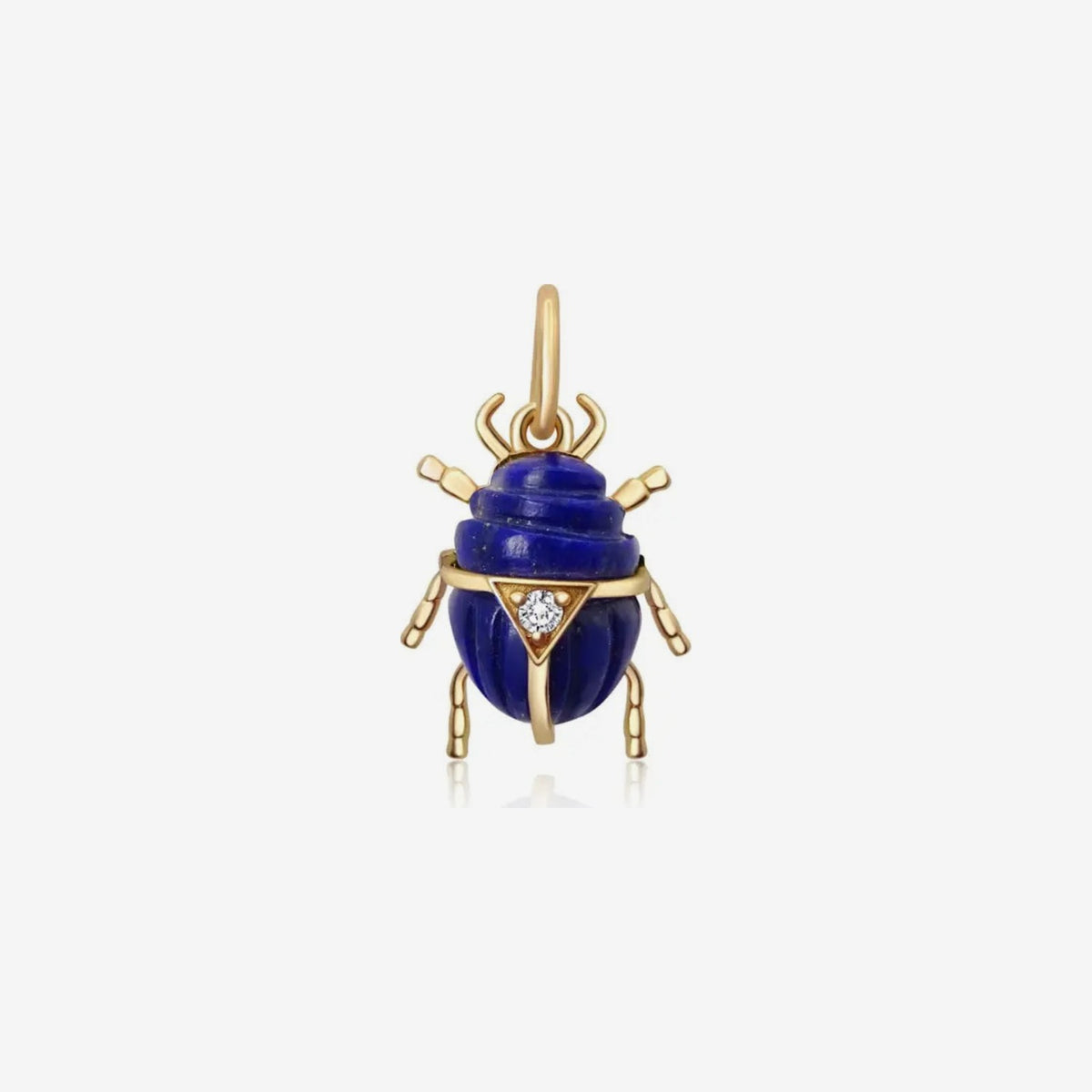 Gemstone Scarab Beetle Pendant in 14K Yellow Gold, Lapis Lazuli, gray background | JJ Jewelry Miami