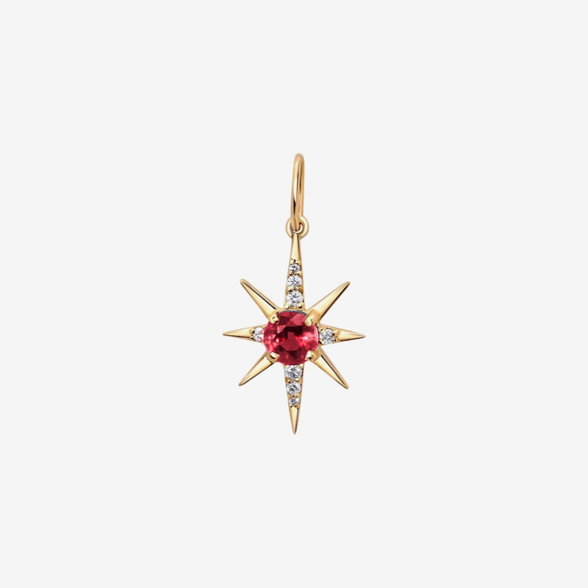 Gemstone Starburst Pendant in 14K Yellow Gold, Ruby, gray background | JJ Jewelry Miami