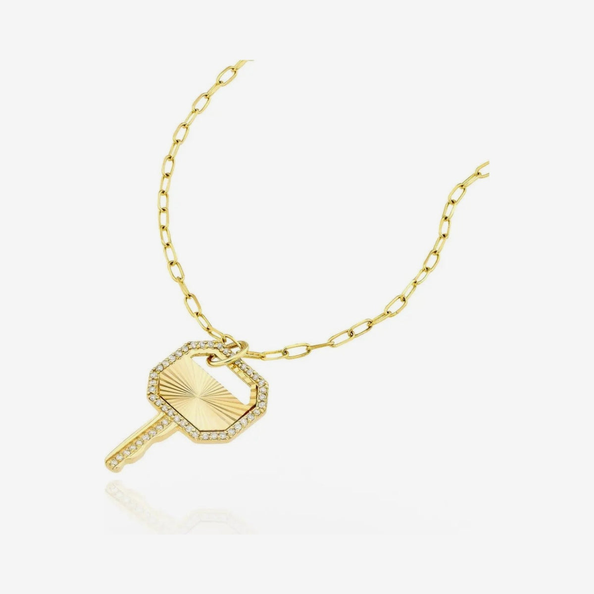 Golden Radiance Diamond Key Pendant Necklace in 18K Yellow Gold, angle 2, gray background | JJ Jewelry Miami