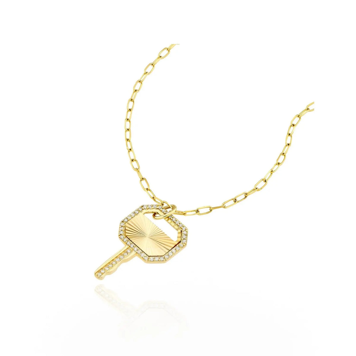 Golden Radiance Diamond Key Pendant Necklace in 18K Yellow Gold, angle 2 | JJ Jewelry Miami