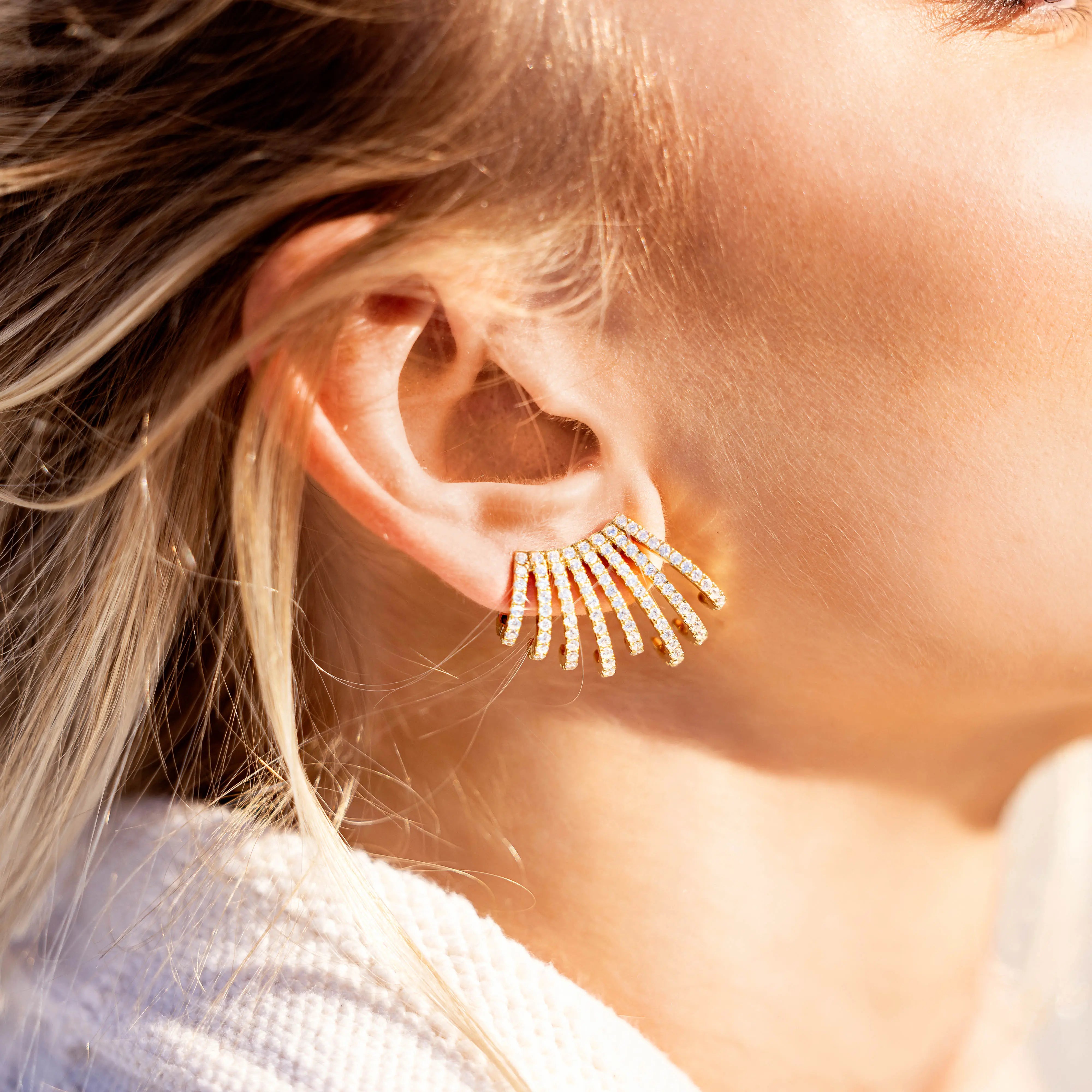 18K gold ear climbers with cascading round diamonds