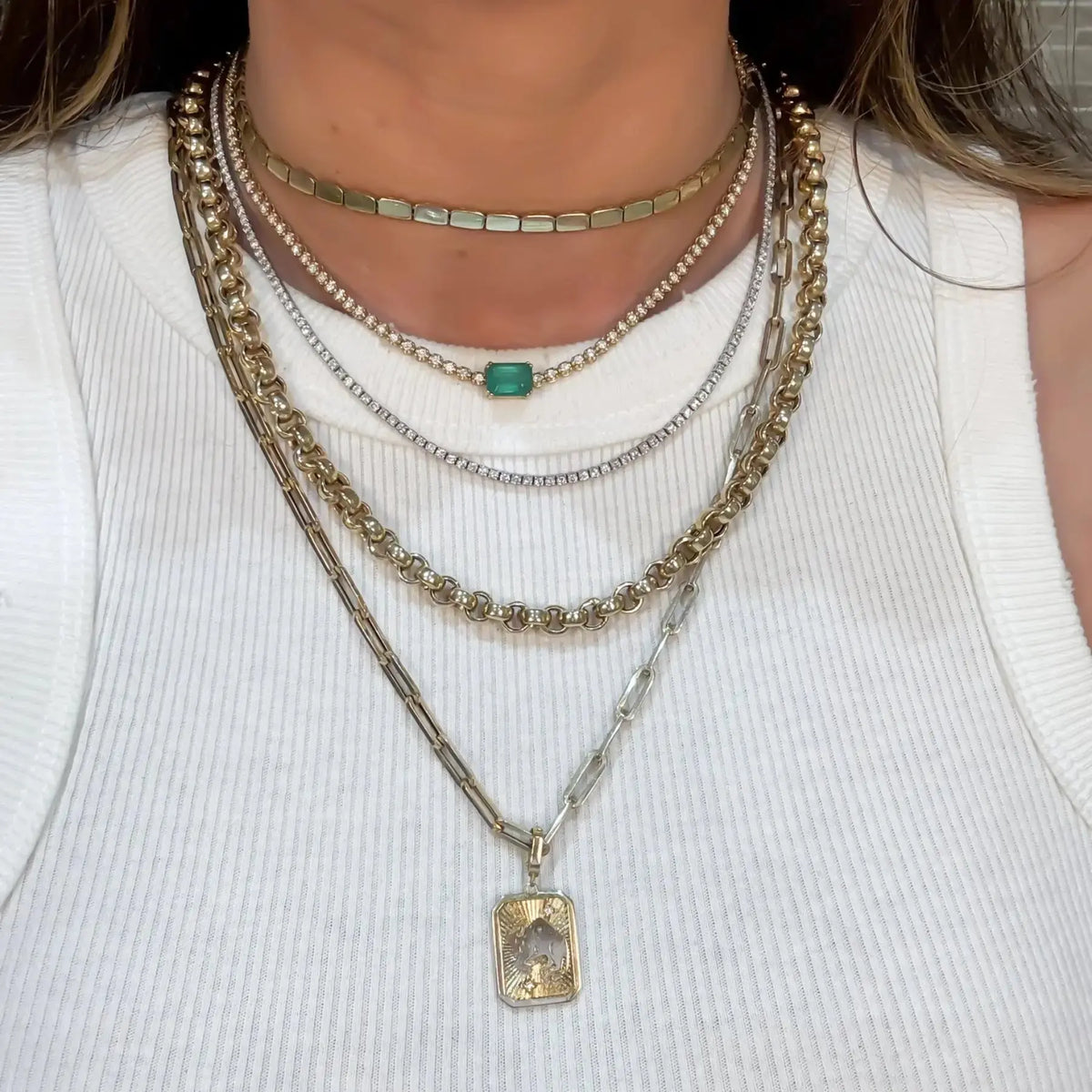 Jenny Emerald and Diamond Tennis Necklace in 18K Gold, view 7 | JJ Jewelry Miami