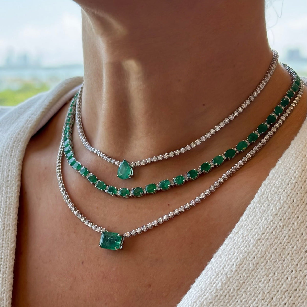 Jessica Emerald and Diamond Full Necklace in 18K Gold, view 4 | JJ Jewelry Miami