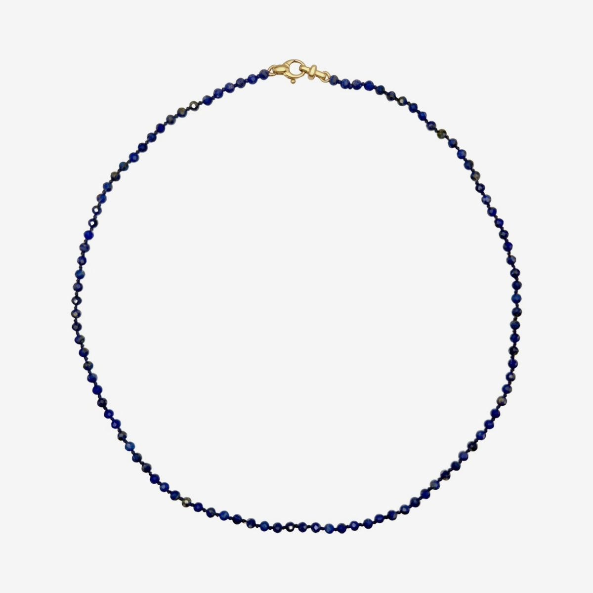 Lapis Lazuli Bead Necklace with 14K Gold Clasp, angle 2, gray background | JJ Jewelry Miami