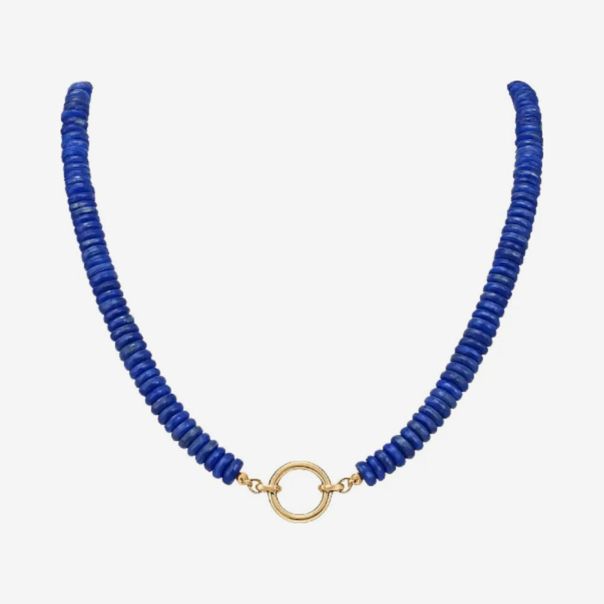 Lapis Lazuli Rondelle Bead Necklace with 14K Gold Connector, gray background | JJ Jewelry Miami