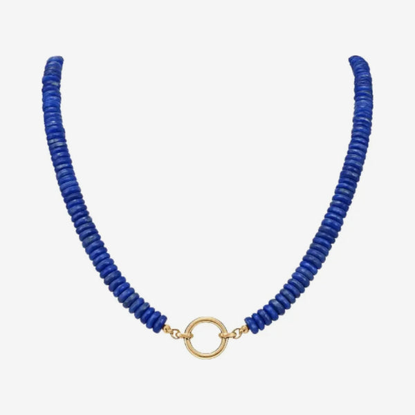 Lapis Lazuli Rondelle Bead Necklace with 14K Gold Connector, gray background | JJ Jewelry Miami