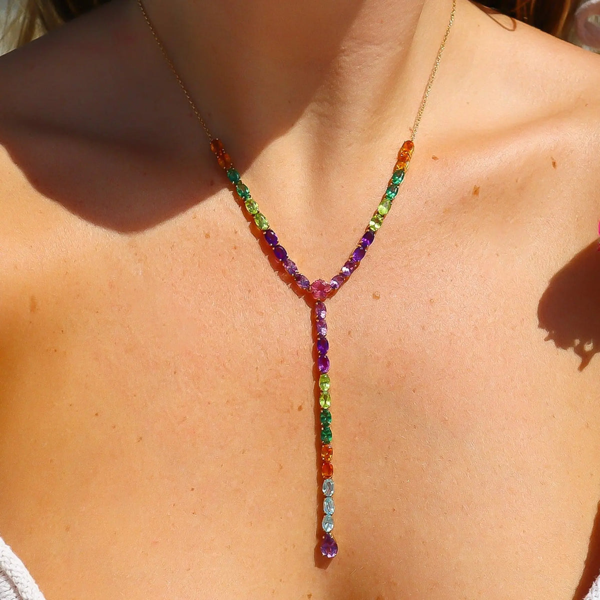 Lariat Rainbow Necklace in 18K Yellow Gold, view 1 | JJ Jewelry Miami