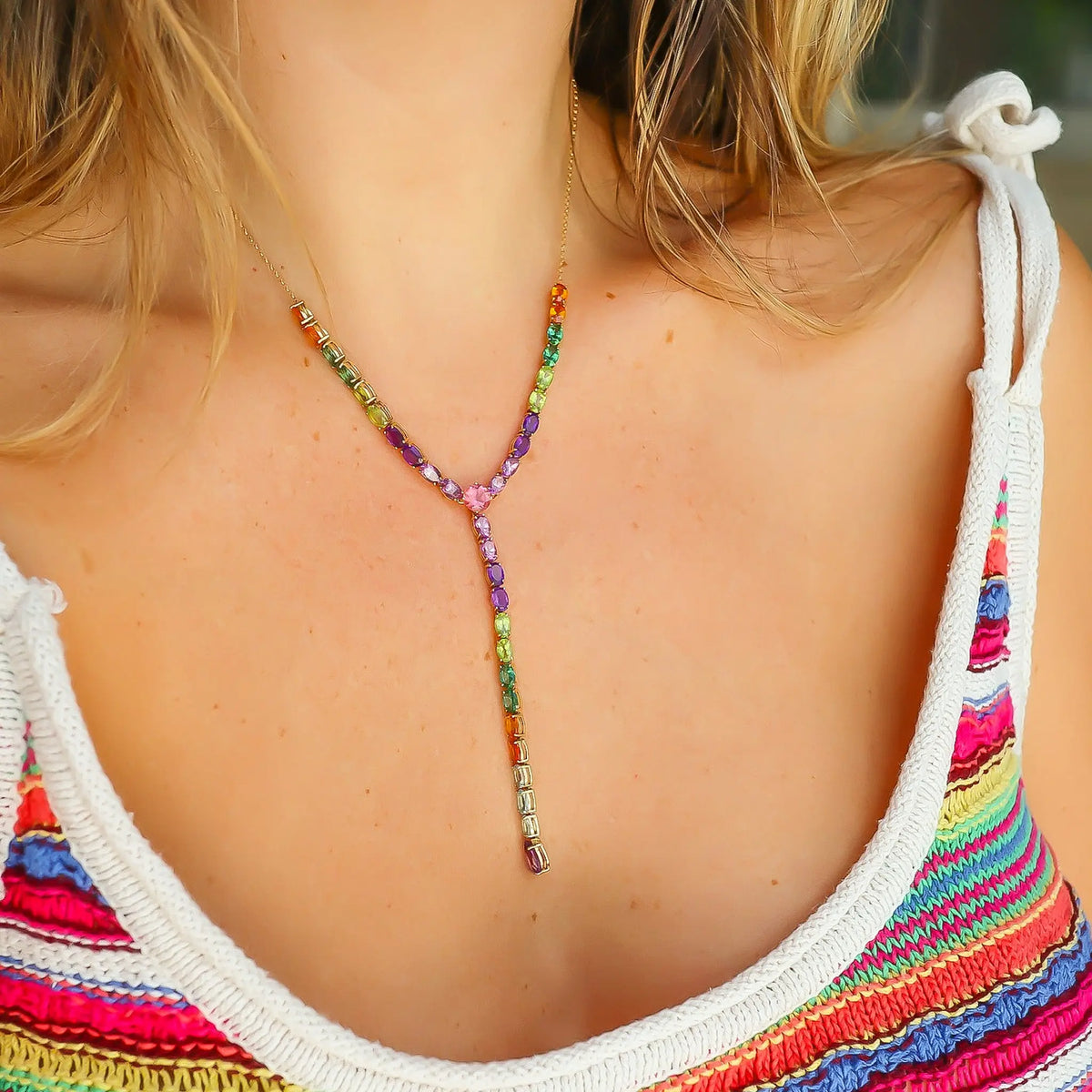 Lariat Rainbow Necklace in 18K Yellow Gold, view 2 | JJ Jewelry Miami