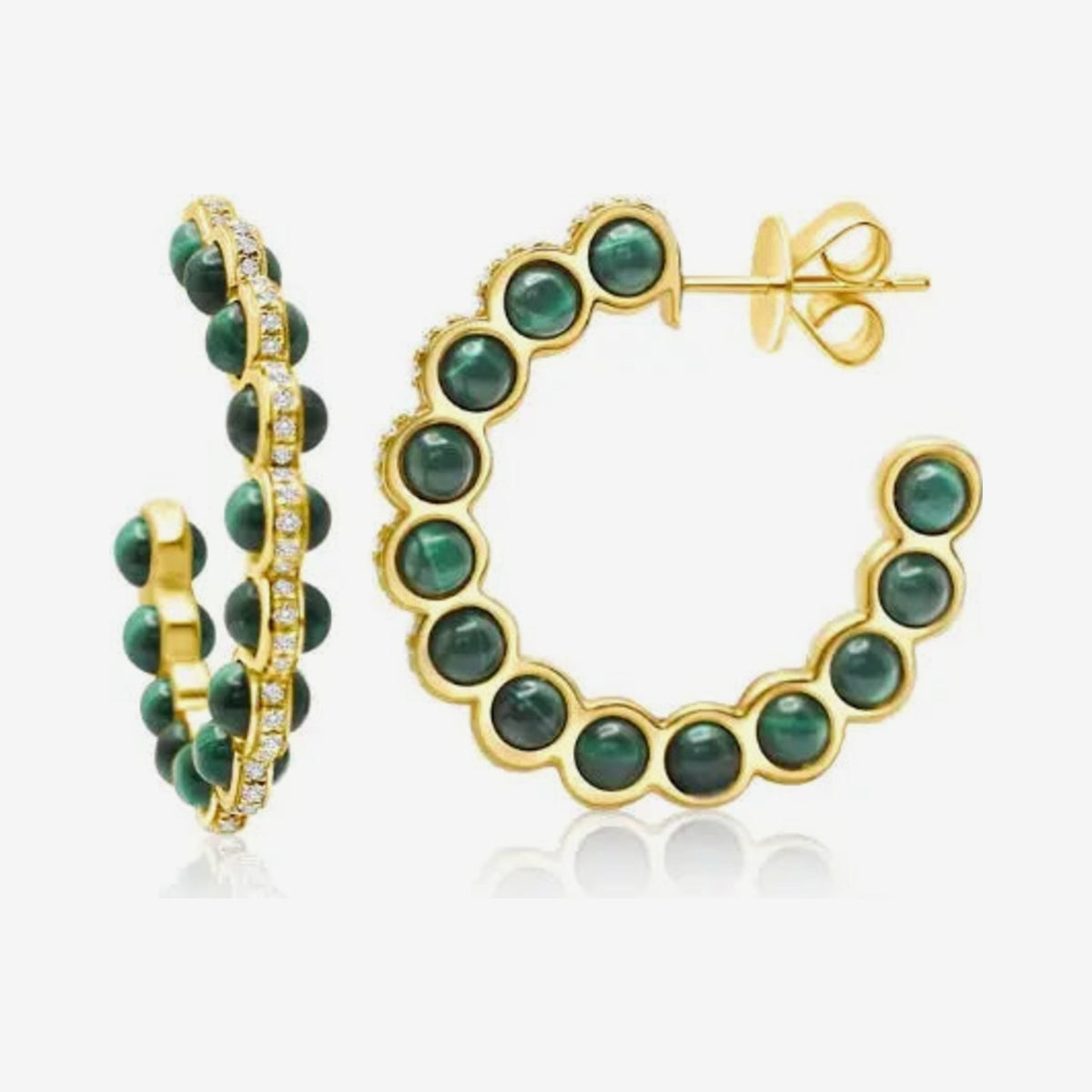 Malachite and Diamond Hoop Earrings in 18K Yellow Gold, gray background | JJ Jewelry Miami