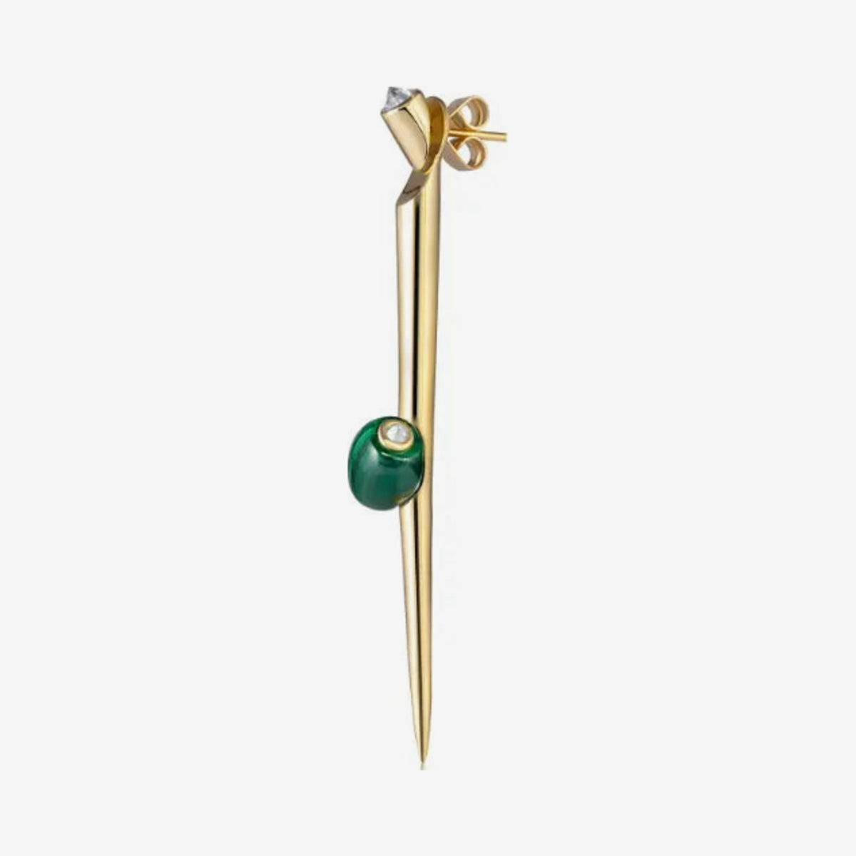 Malachite Martini Spike Earrings in 18K Yellow Gold, view 2, gray background | JJ Jewelry Miami