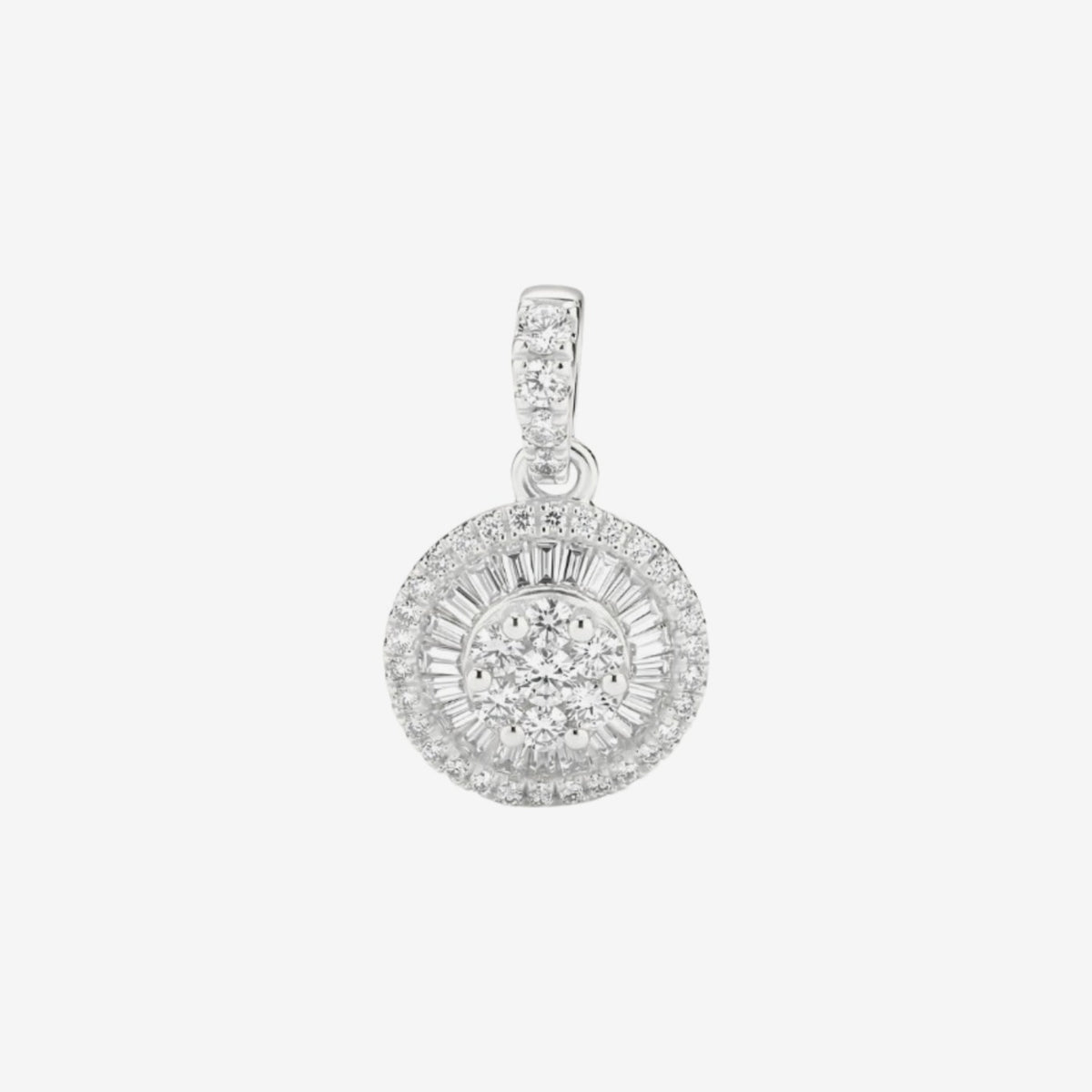 Mini Round Diamond Cluster Pendant in 18K White Gold, gray background | JJ Jewelry Miami