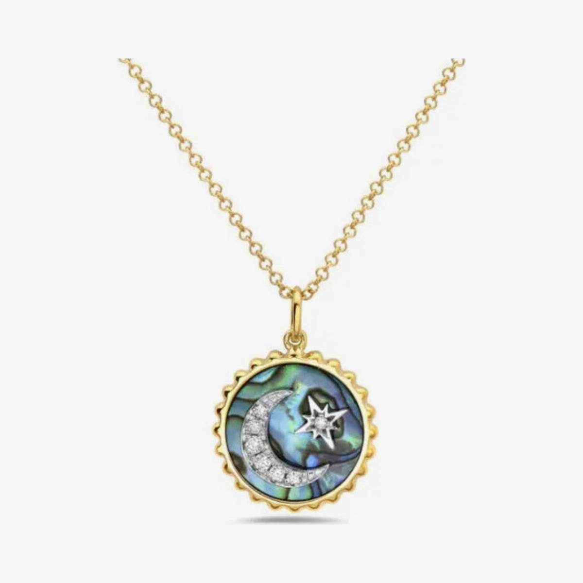 Moonlit Dream Abalone Pendant Necklace in 14K Yellow Gold, gray background | JJ Jewelry Miami