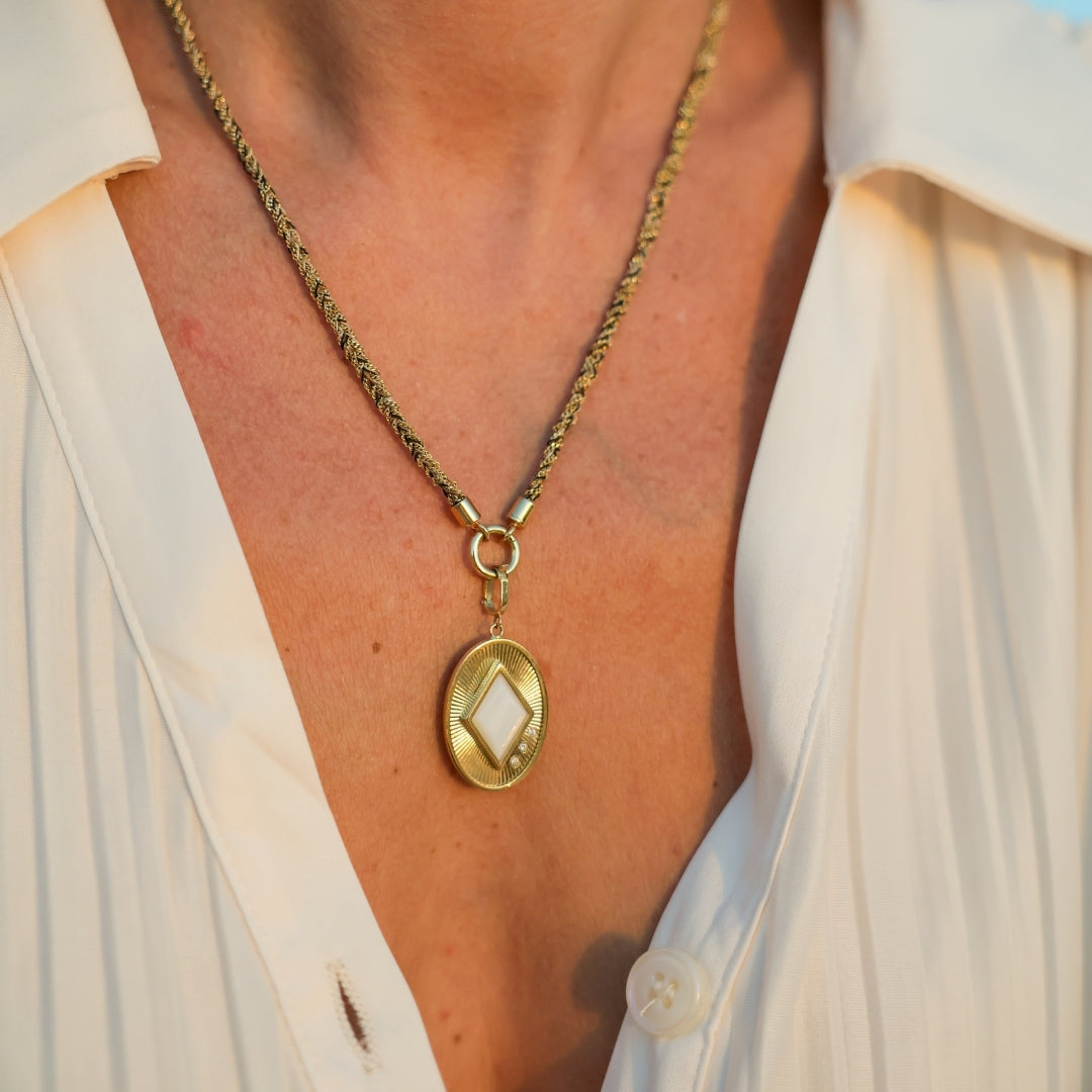 Morocco Silk Necklace with Connector in 14K Yellow Gold worn on model | JJ Jewelry Miami