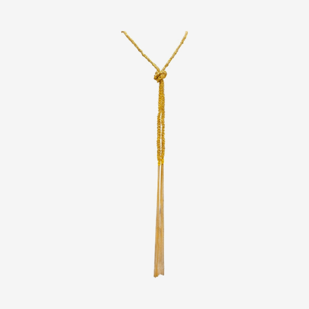 Morocco Silk Scarf Necklace in Gold-Dipped Silver, Yellow, gray background | JJ Jewelry Miami