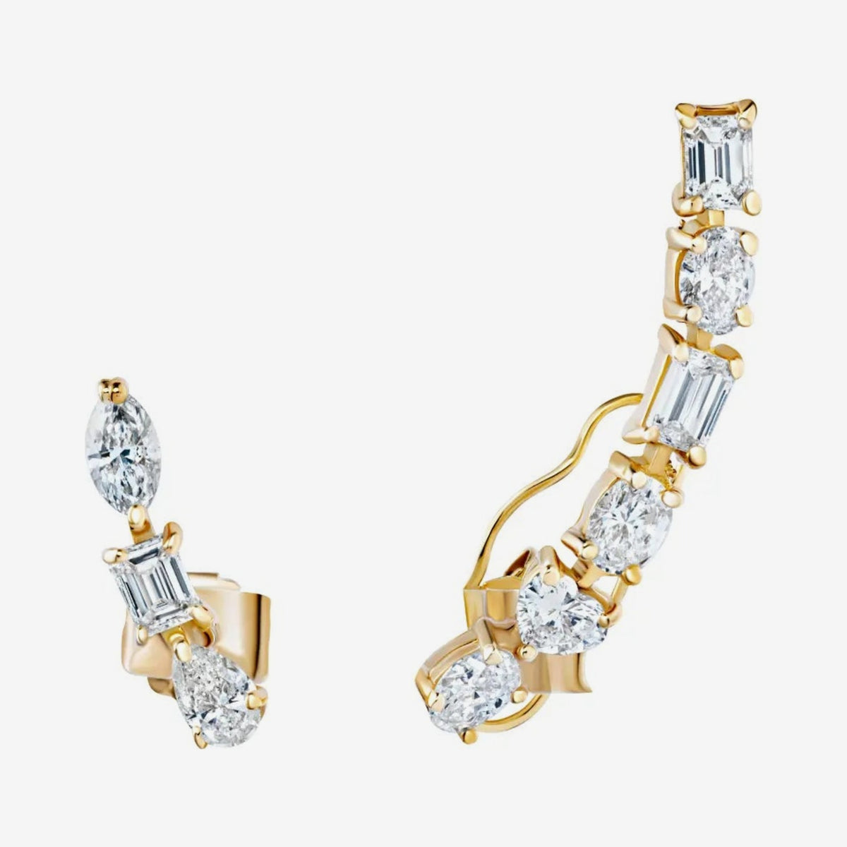 Multi-Shape Diamond Short & Long Ear Crawler in 18K Yellow Gold, gray background | JJ Jewelry Miami