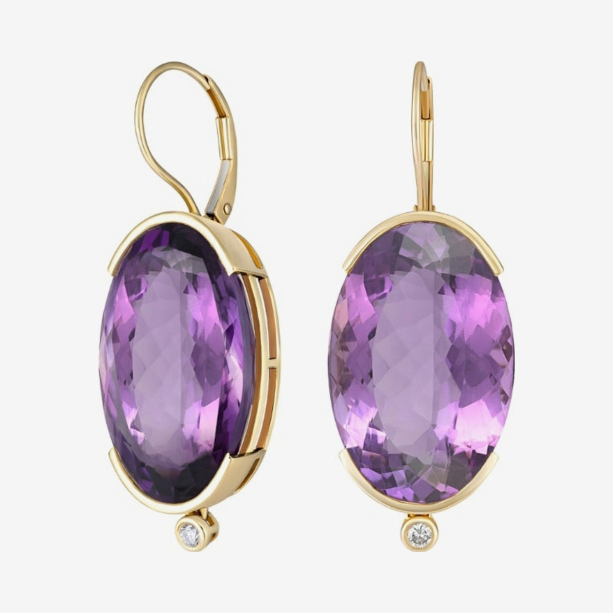 Oval Amethyst and Diamond Drop Earrings in 18K Yellow Gold, gray background | JJ Jewelry Miami