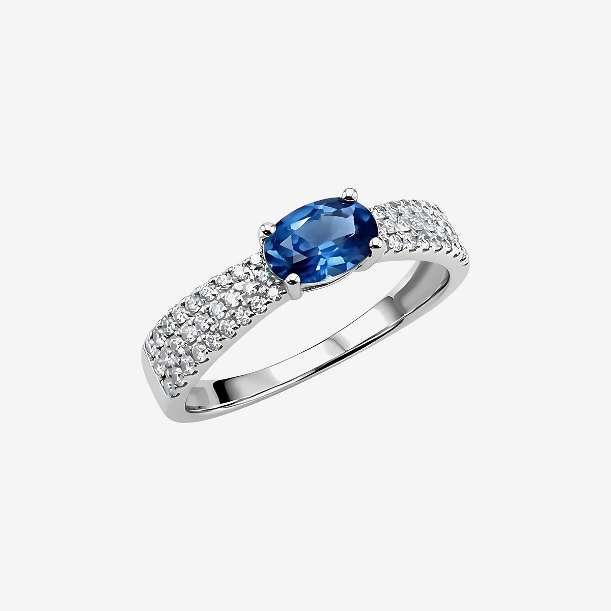 Oval Blue Sapphire and Pavé Diamond Cocktail Ring in 18K White Gold | JJ Jewelry