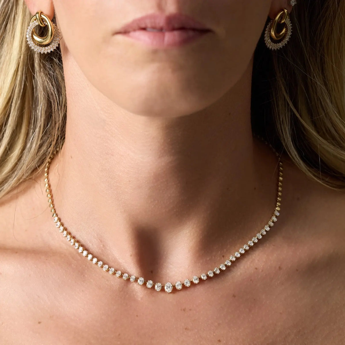 Oval Diamond Tennis Necklace in 14K Yellow Gold, on model | JJ Jewelry Miami