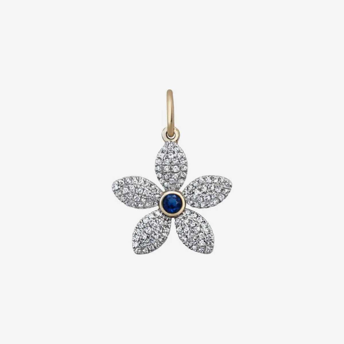 Pavé Diamond Flower Pendant with Gemstone Center in 14K White Gold, Blue Sapphire, gray background | JJ Jewelry Miami