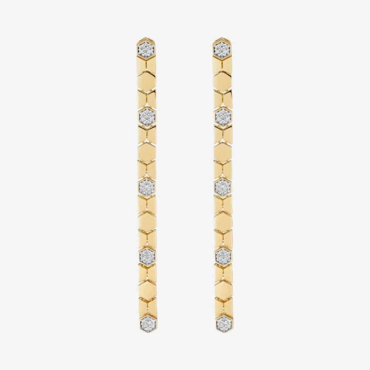 Pavé Diamond Honeycomb Link Drop Earrings in 18K Yellow Gold, gray background | JJ Jewelry Miami