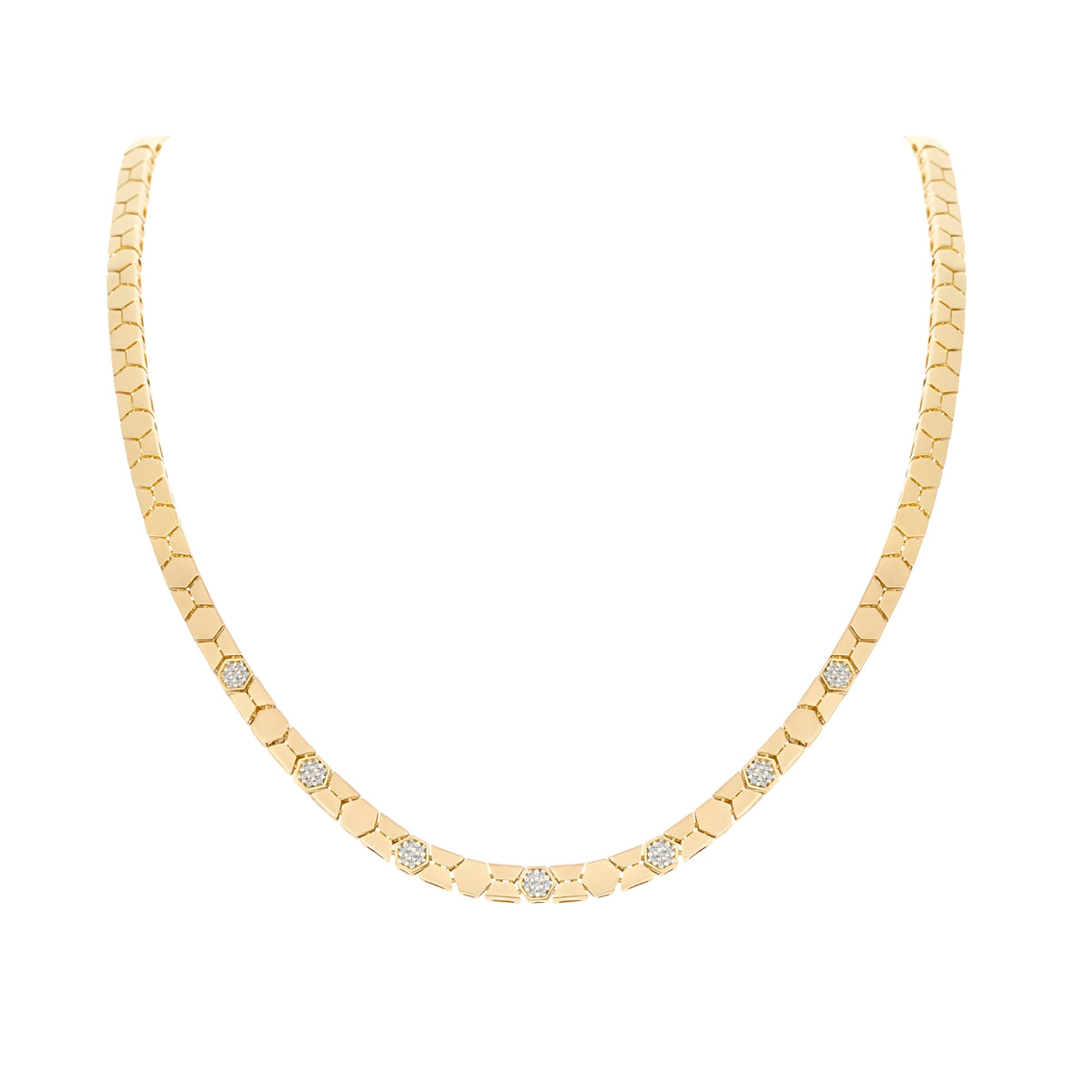 Pavé Diamond Honeycomb Link Necklace in 18K Yellow Gold | JJ Jewelry Miami