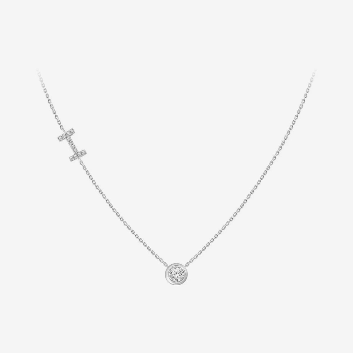 Pavé Diamond Initial Necklace, Letter I, in 18K White Gold, gray background | JJ Jewelry Miami