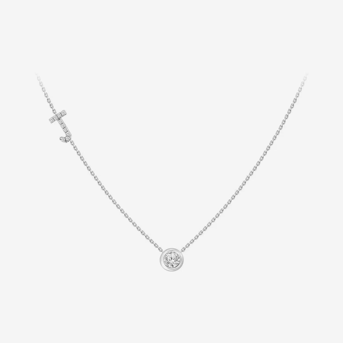 Pavé Diamond Initial Necklace, Letter J, in 18K White Gold, gray background | JJ Jewelry Miami