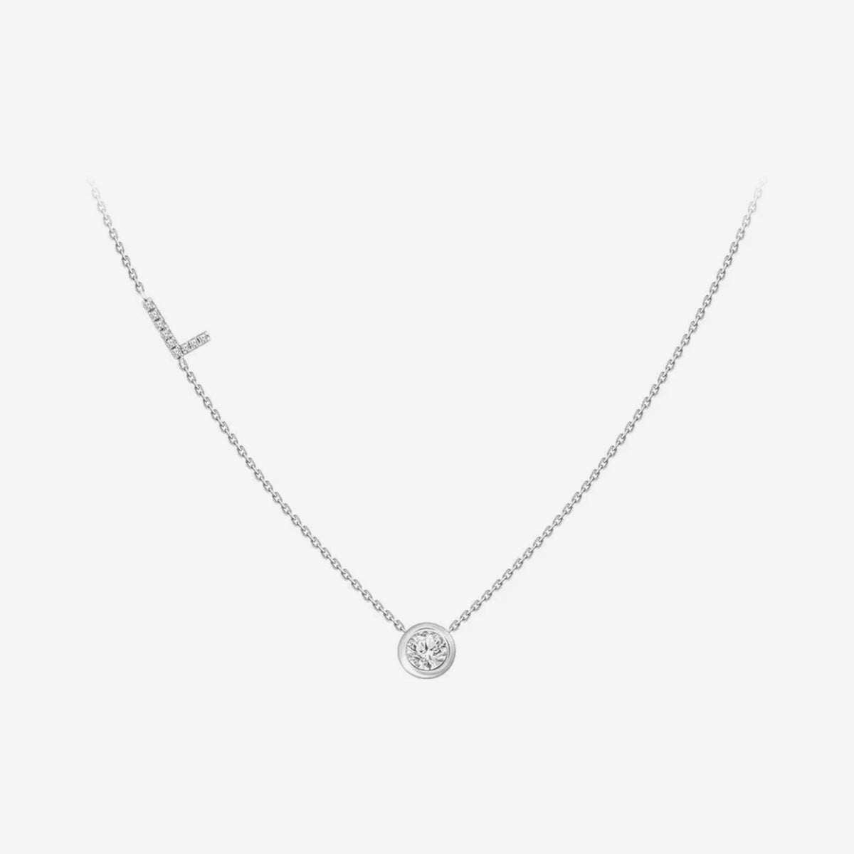 Pavé Diamond Initial Necklace, Letter L, in 18K White Gold, gray background | JJ Jewelry Miami