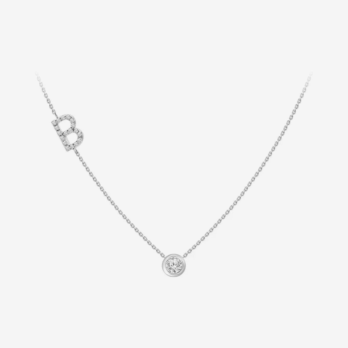 Pavé Diamond Initial Necklace, Letter B, in 18K White Gold, gray background | JJ Jewelry Miami