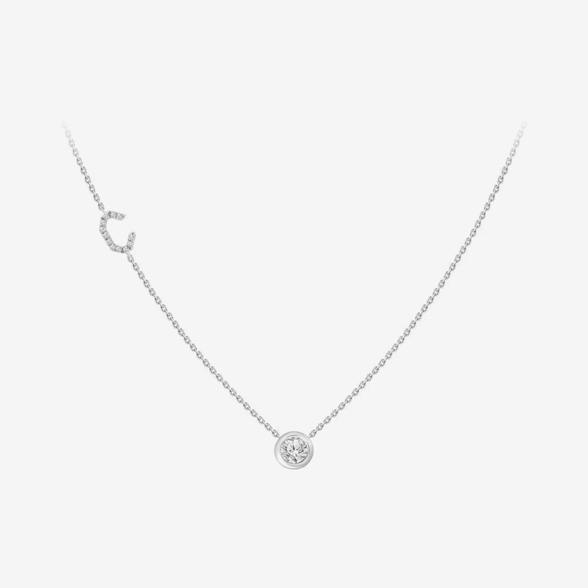 Pavé Diamond Initial Necklace, Letter C, in 18K White Gold, gray background | JJ Jewelry Miami