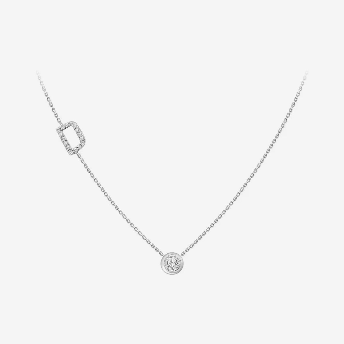 Pavé Diamond Initial Necklace, Letter D, in 18K White Gold, gray background | JJ Jewelry Miami