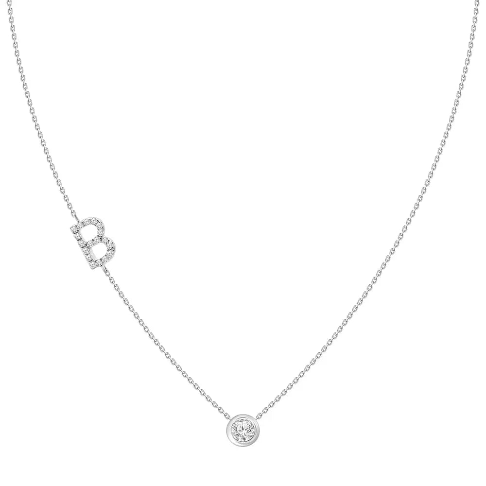 Pavé Diamond Initial Necklace, Letter B, in 18K White Gold | JJ Jewelry Miami
