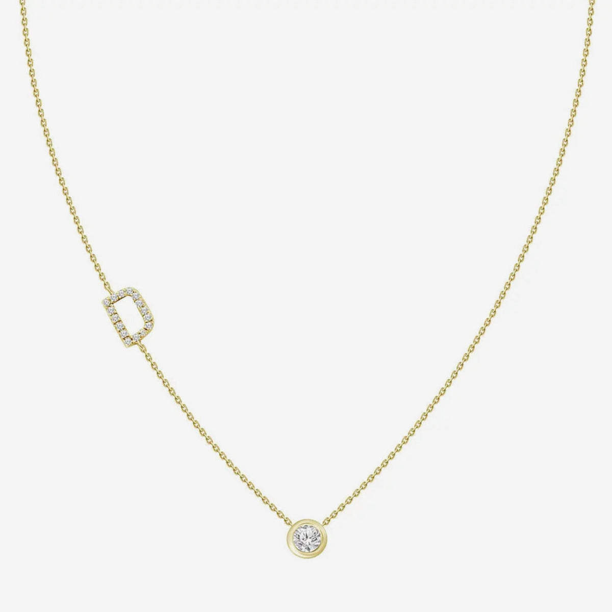 Pavé Diamond Initial Necklace, Letter D, in 18K Yellow Gold, gray background | JJ Jewelry Miami