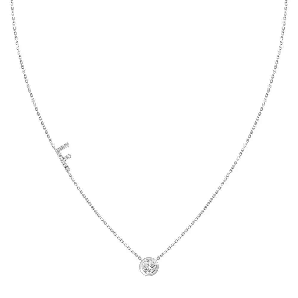 Pavé Diamond Initial Necklace, Letter F, in 18K White Gold | JJ Jewelry Miami