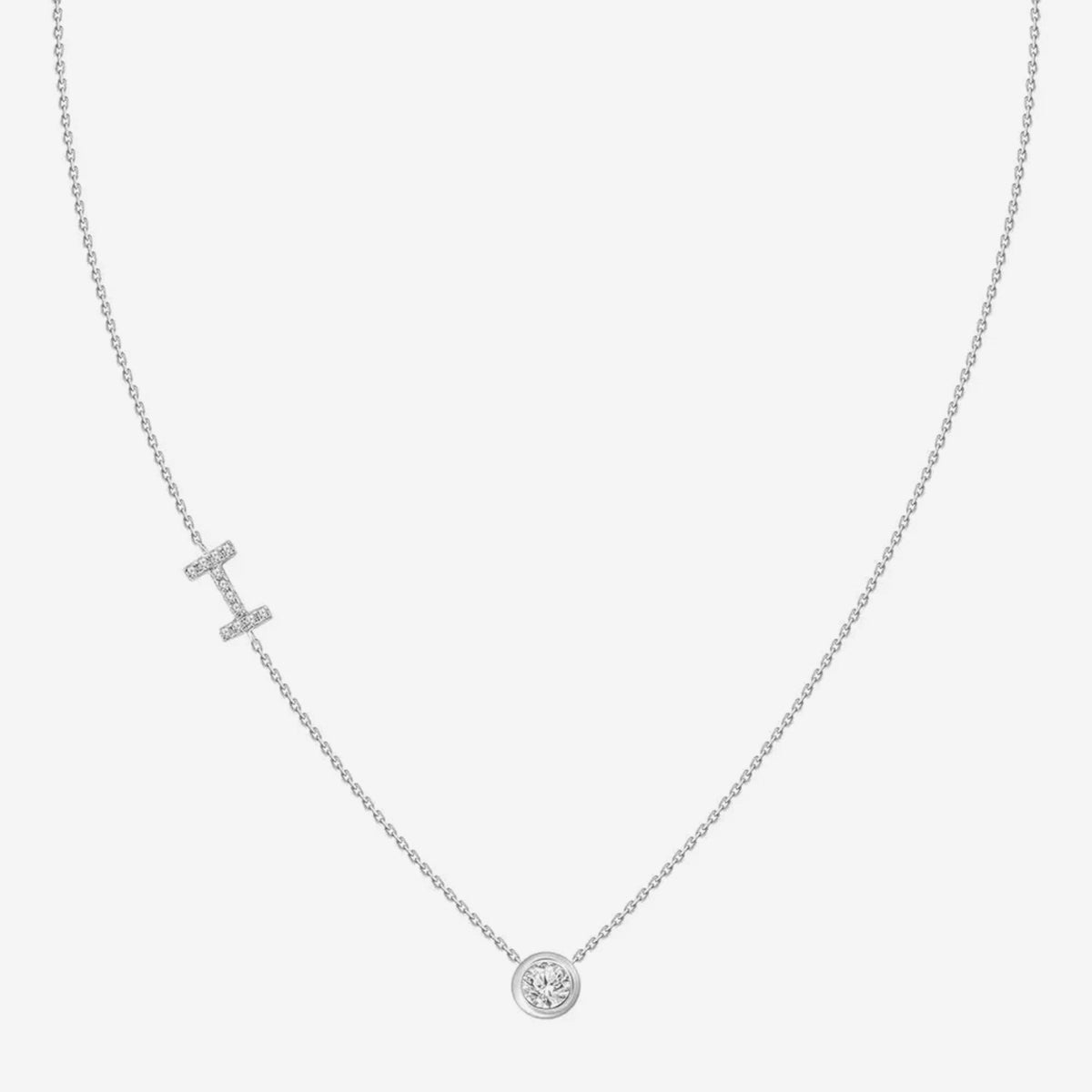 Pavé Diamond Initial Necklace, Letter I, in 18K White Gold, gray background | JJ Jewelry Miami