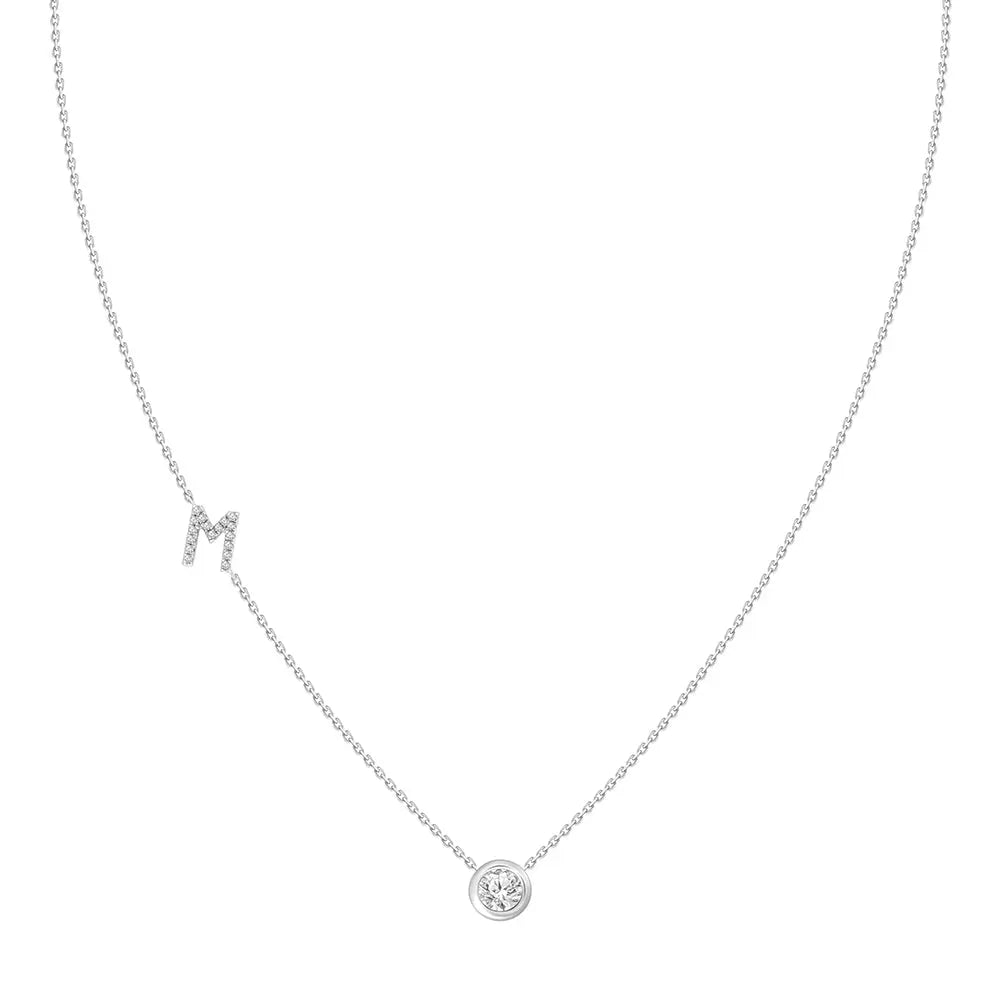 Pavé Diamond Initial Necklace, Letter M, in 18K White Gold | JJ Jewelry Miami