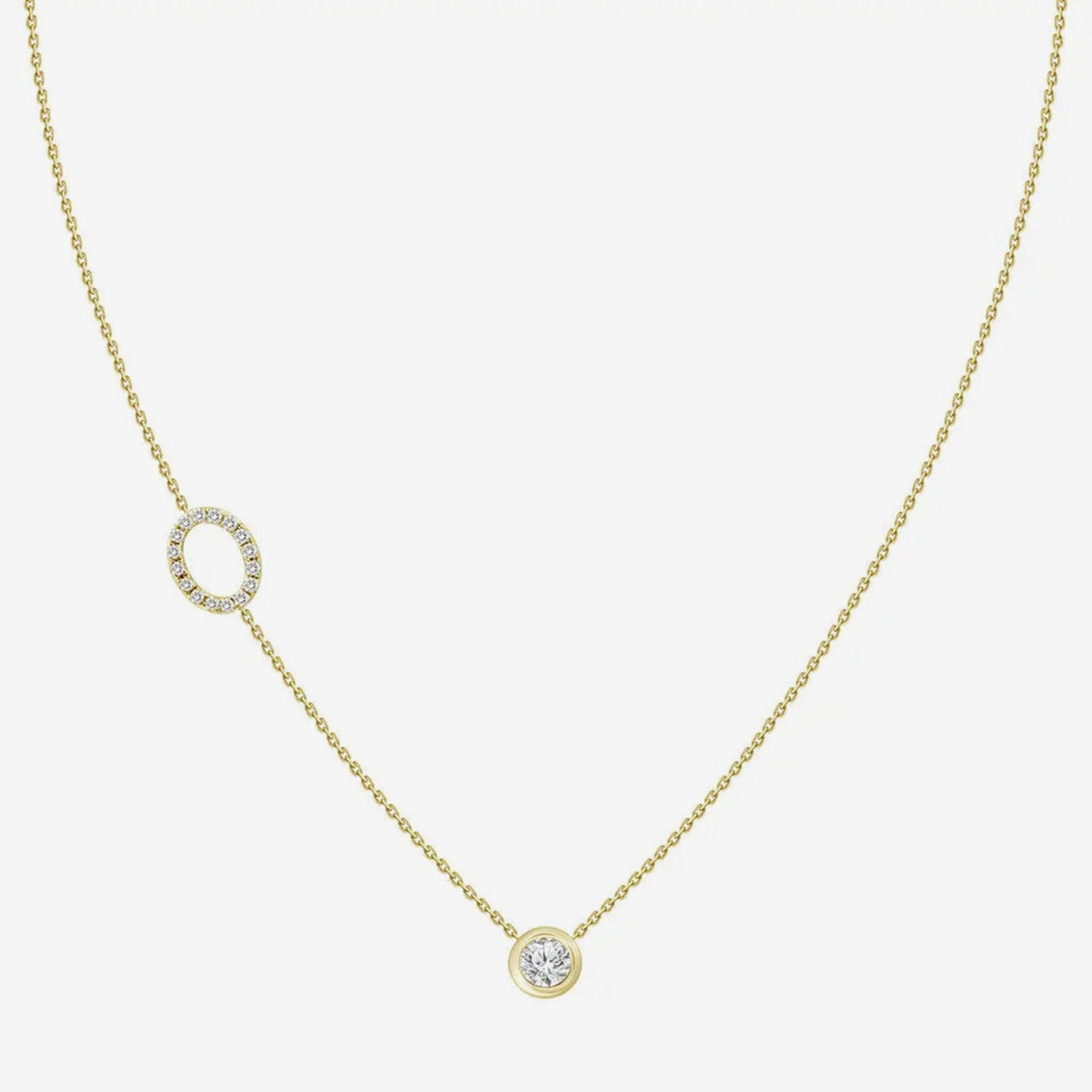 Pavé Diamond Initial Necklace, Letter O, in 18K Yellow Gold, gray background | JJ Jewelry Miami