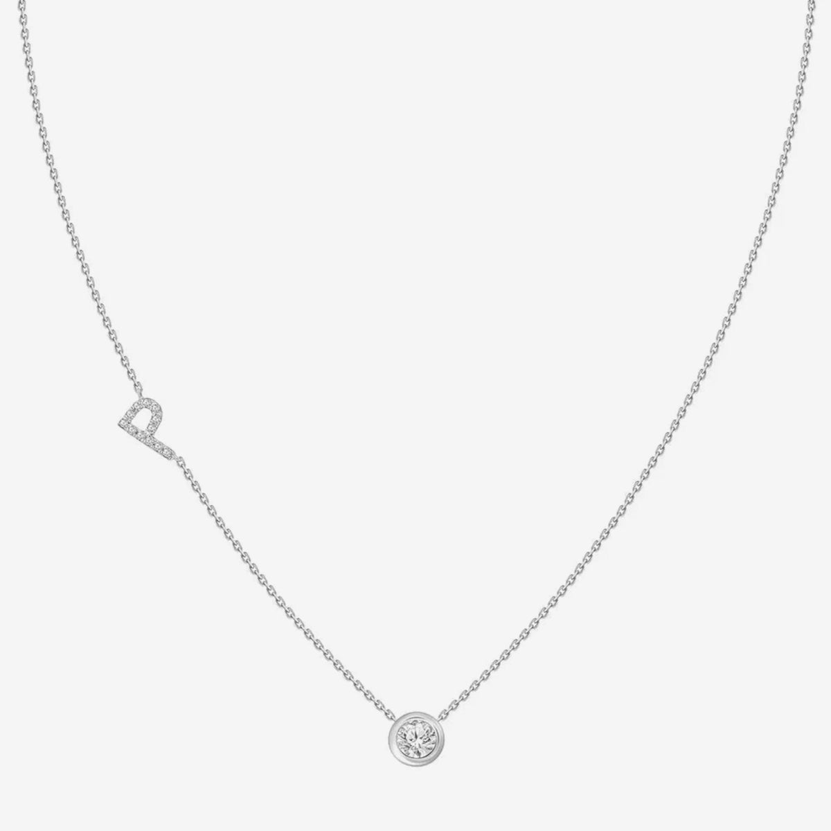 Pavé Diamond Initial Necklace, Letter P, in 18K White Gold, gray background | JJ Jewelry Miami