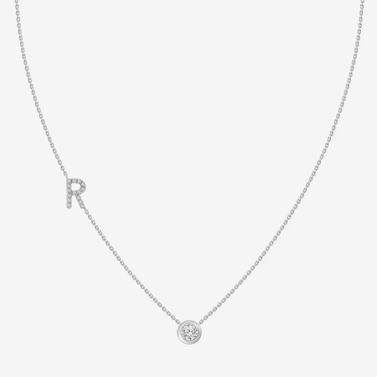 Pavé Diamond Initial Necklace, Letter R, in 18K White Gold, gray background | JJ Jewelry Miami