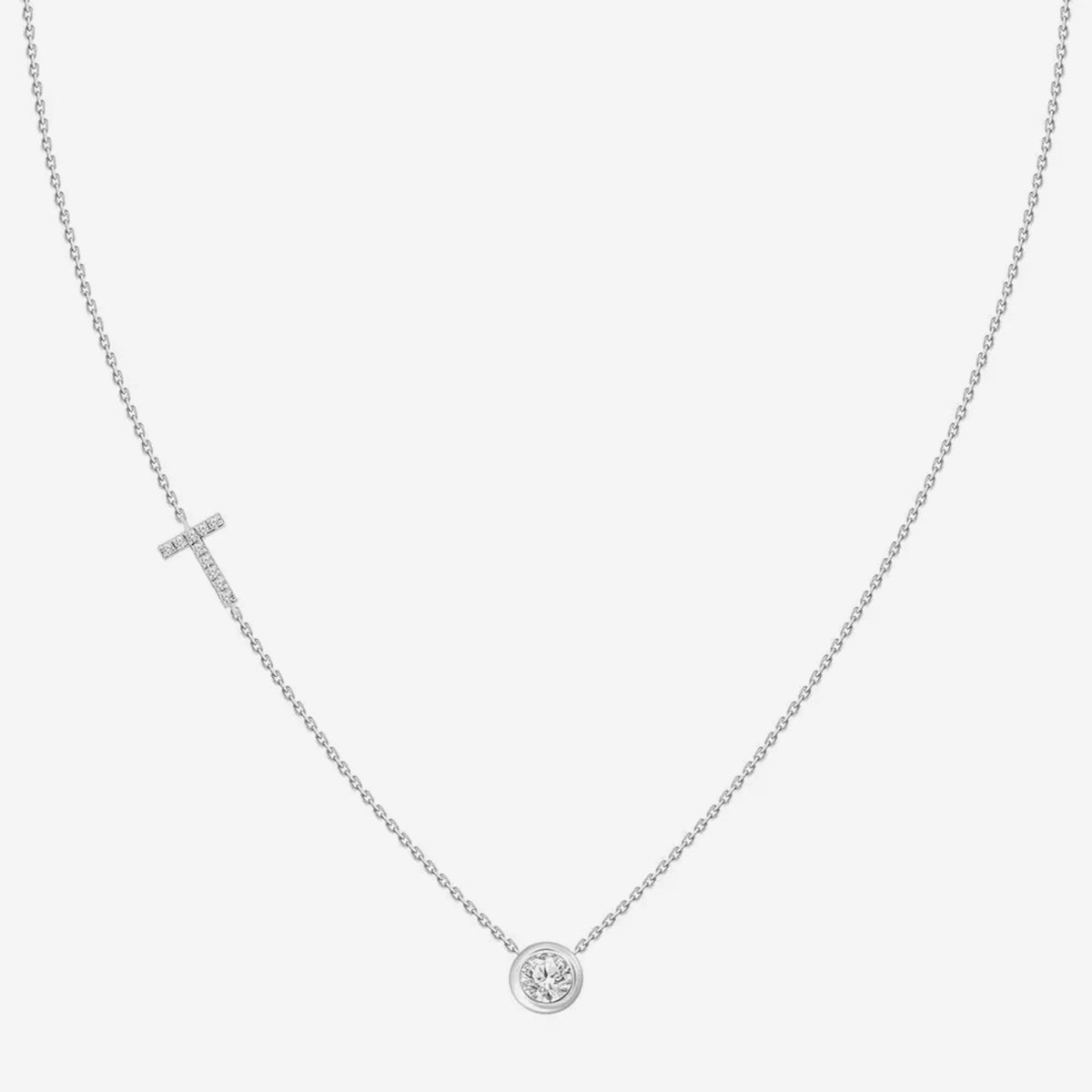 Pavé Diamond Initial Necklace, Letter T, in 18K White Gold, gray background | JJ Jewelry Miami