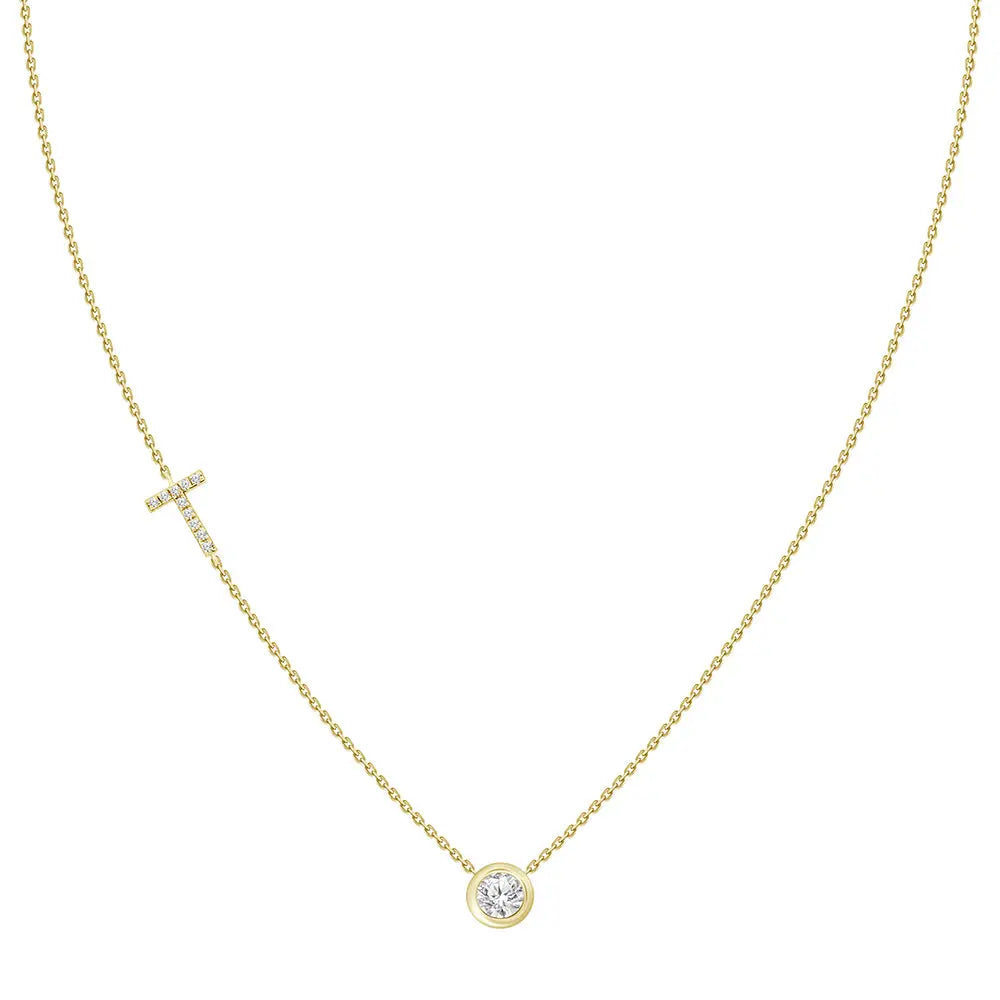 Pavé Diamond Initial Necklace, Letter T, in 18K Yellow Gold | JJ Jewelry Miami