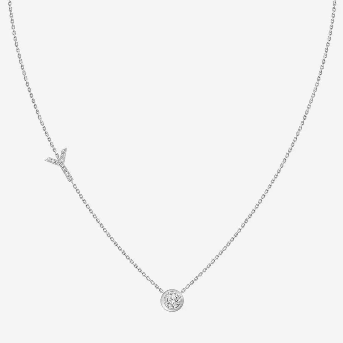 Pavé Diamond Initial Necklace, Letter Y, in 18K White Gold, gray background | JJ Jewelry Miami