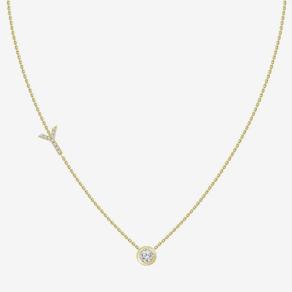 Pavé Diamond Initial Necklace, Letter Y, in 18K Yellow Gold, gray background | JJ Jewelry Miami