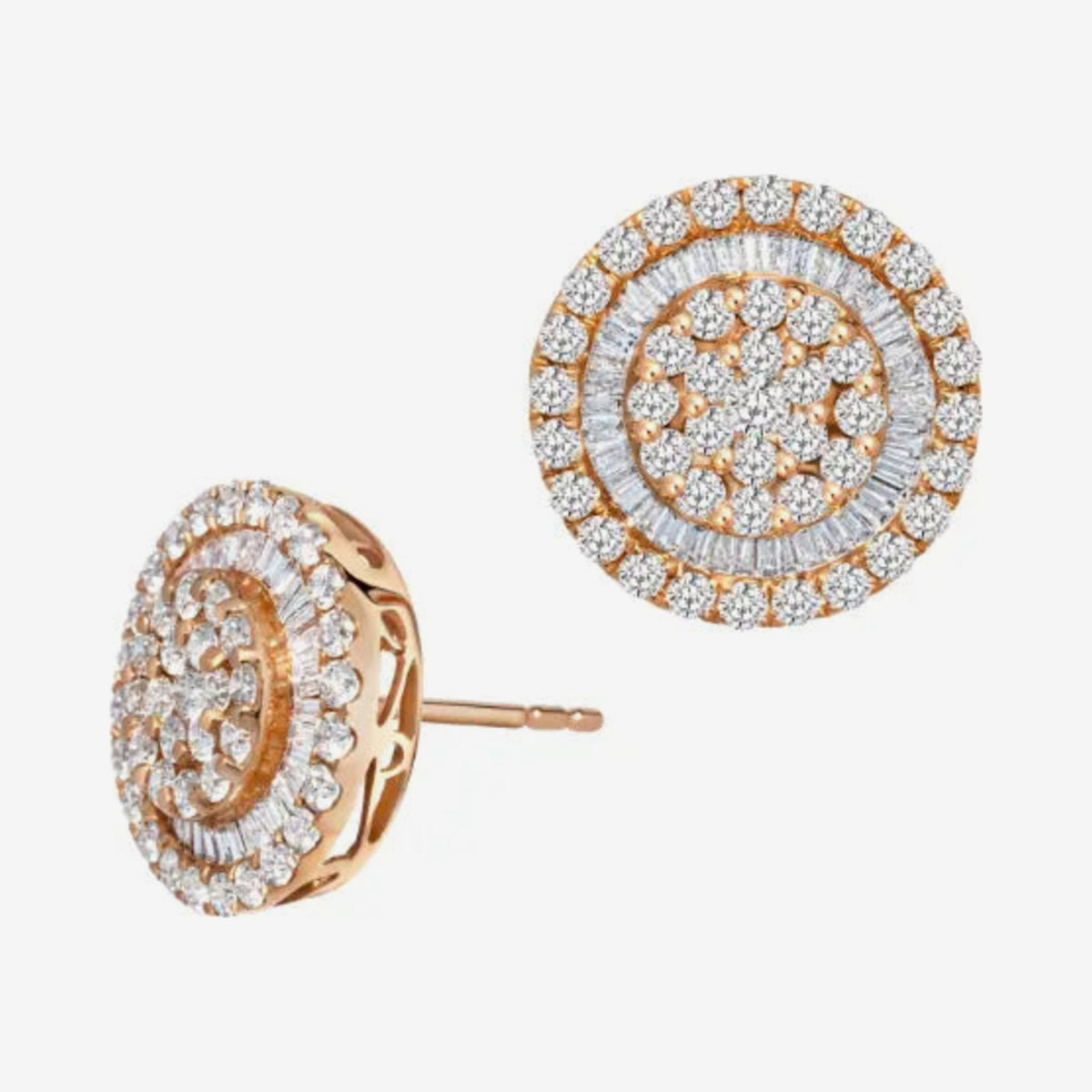 Pavé Diamond Stud Earrings in 18K Rose Gold, gray background | JJ Jewelry Miami