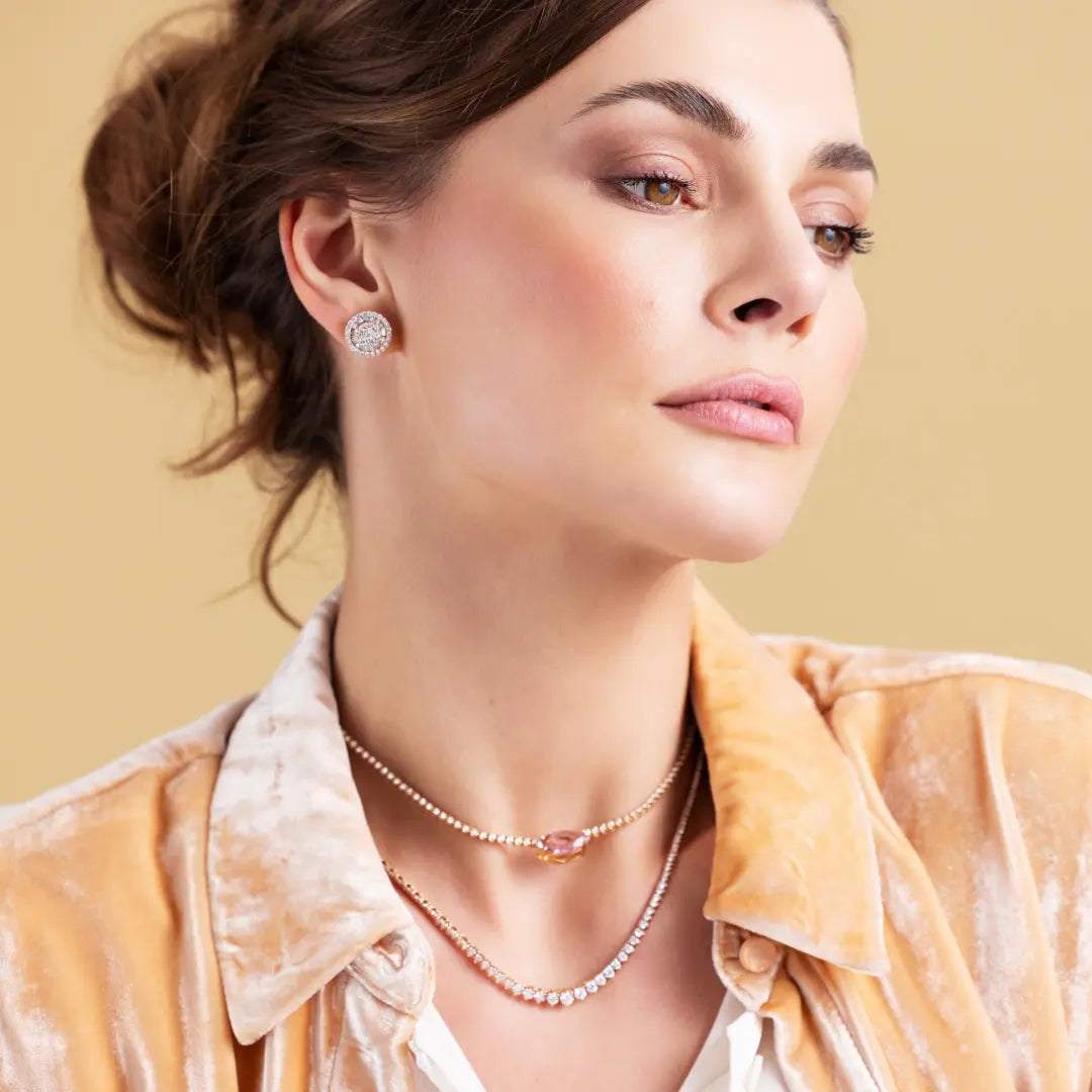 Pavé Diamond Stud Earrings in 18K Rose Gold, on model | JJ Jewelry Miami