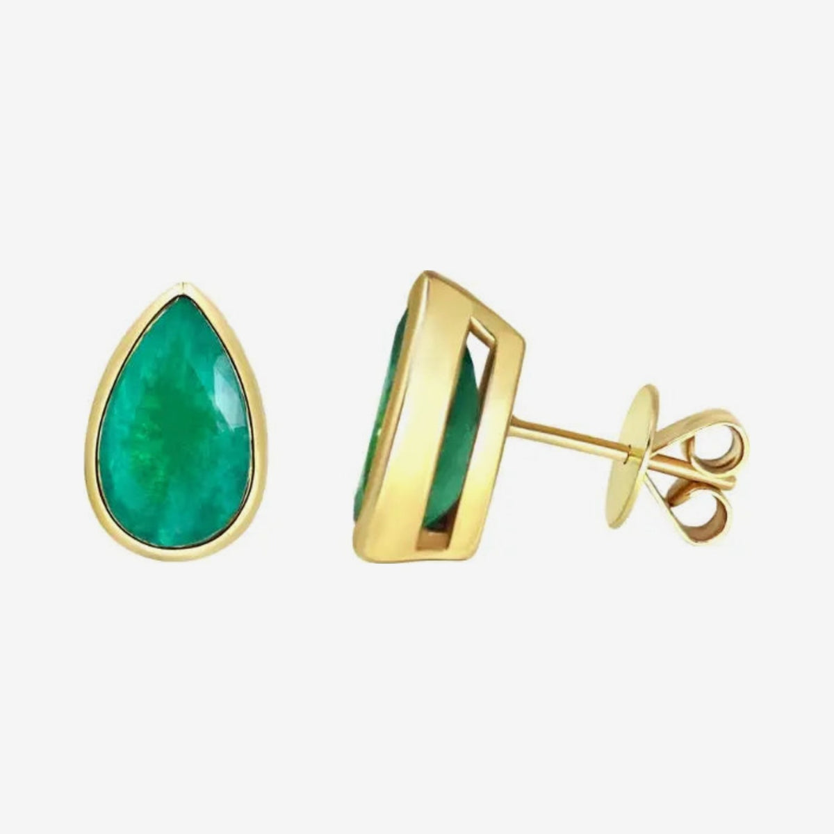 Pear Emerald Bezel Stud Earrings in 18K Yellow Gold, view 2, gray background | JJ Jewelry Miami